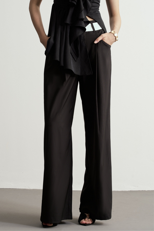BLACK AND WHITE STRIPED WIDE-LEG TROUSERS