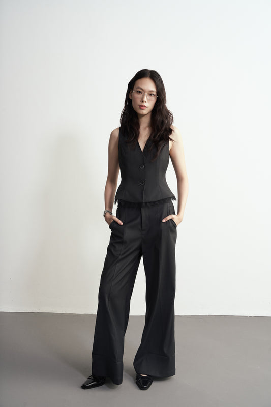 HIGH-WAIST DOUBLE BUTTON WIDE-LEG TROUSERS