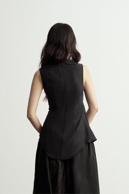 BLACK ASYMMETRIC RUFFLES SLEEVELESS BLOUSE