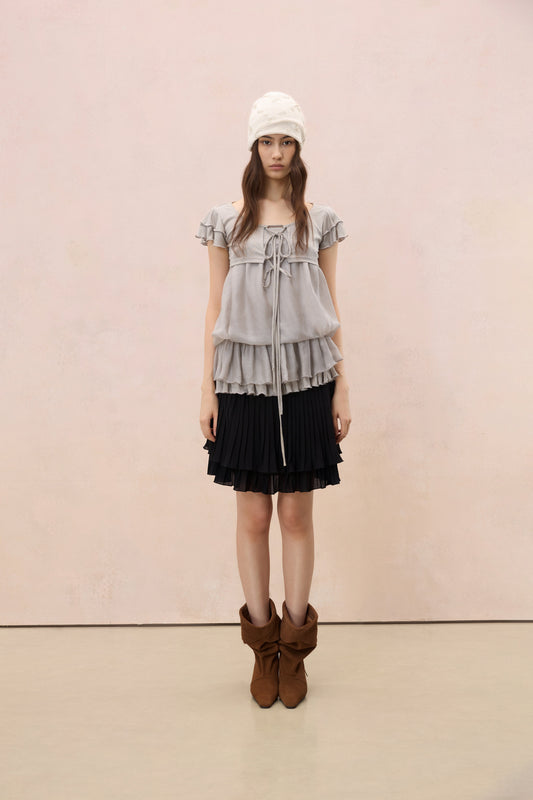 GREY LAYERED PLEATED TUBE TOP & FLUTTER SLEEVE SHRUG SET