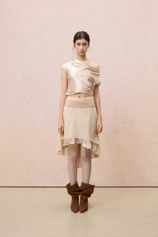 CHAMPAGNE SATIN LACE-TRIMMED ASYMMETRIC TOP