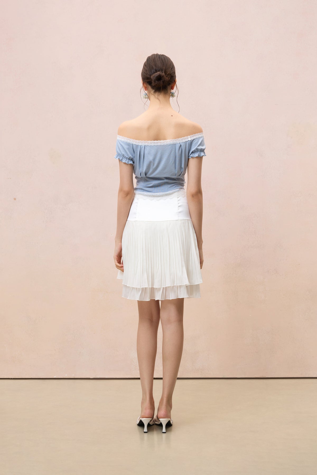 LIGHT BLUE LACE OFF-SHOULDER KNIT TOP