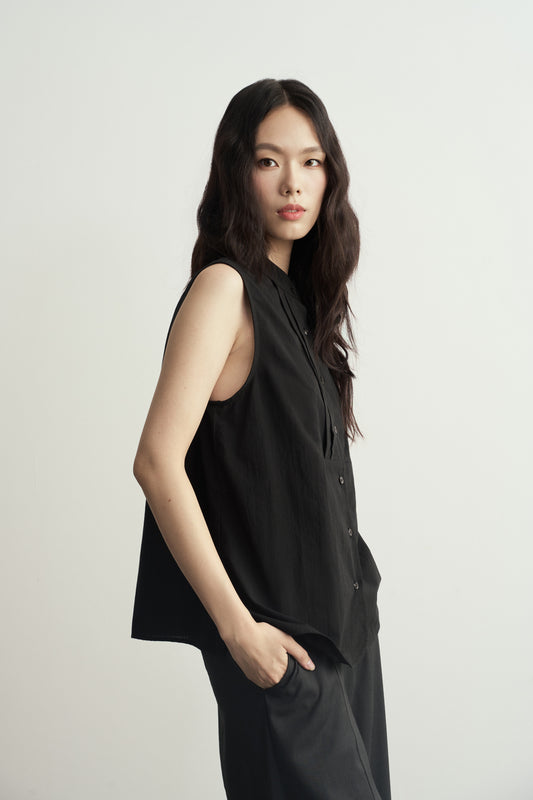 TRADITIONAL CHINESE BLACK ROUND NECK PLEATS SLEEVELESS TOP