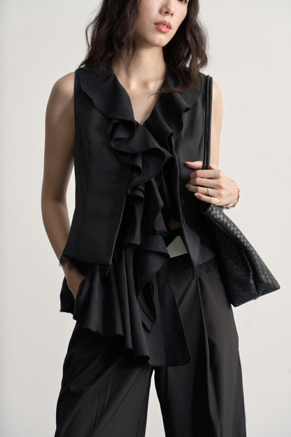 BLACK ASYMMETRIC RUFFLES SLEEVELESS BLOUSE