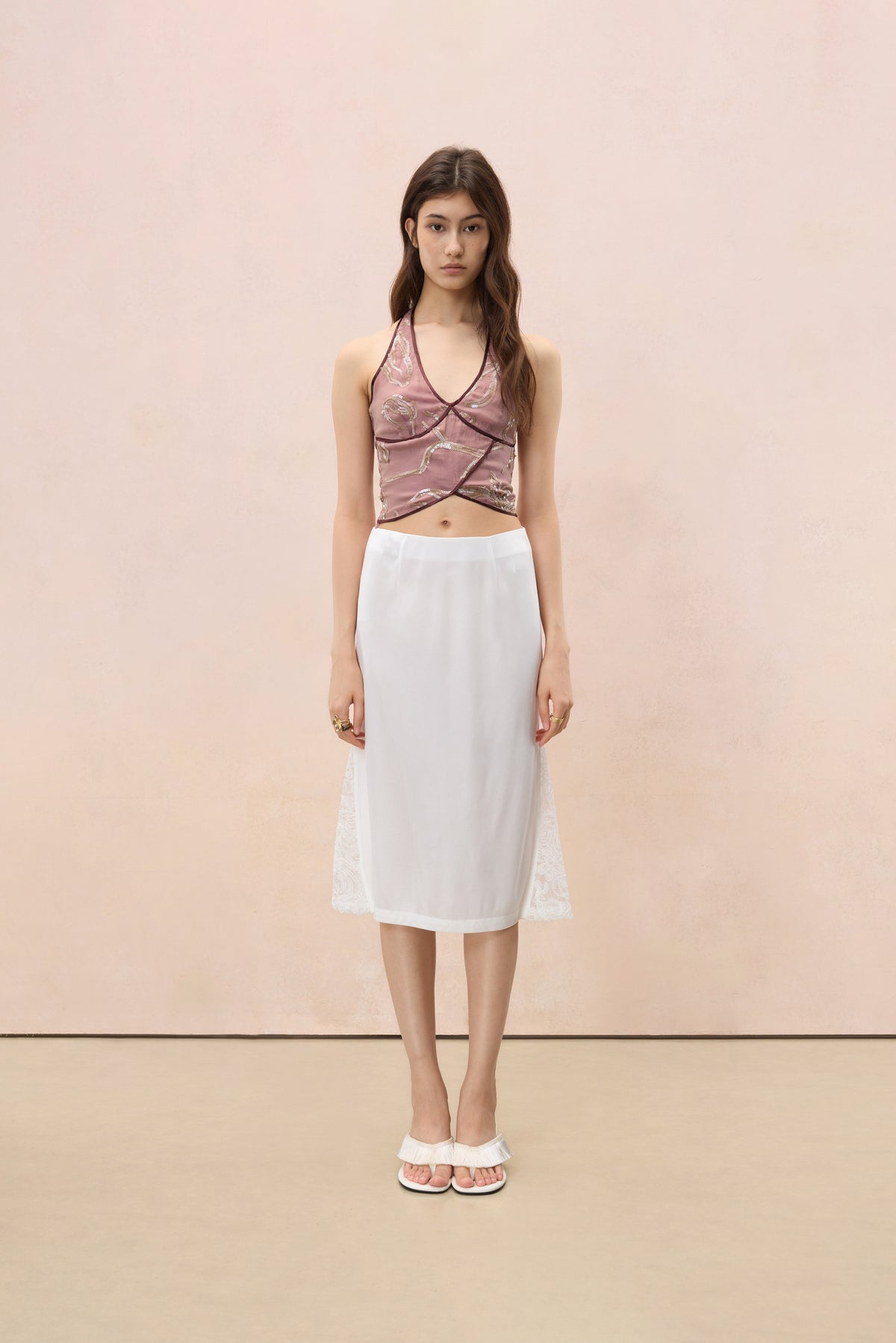 MAUVE SEQUIN PIPING HALTER TOP