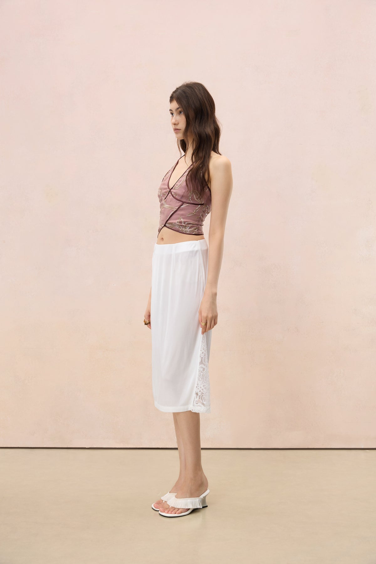 MAUVE SEQUIN PIPING HALTER TOP