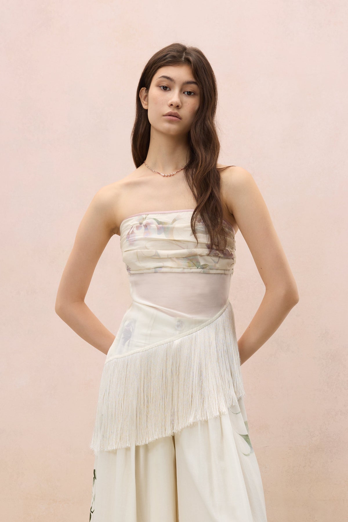 FLORAL PRINTED FRINGE STRAPLESS TOP
