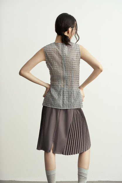 SLEEVELESS SEMI-SHEER GREY CHECK FITTED TOP