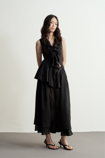 BLACK ASYMMETRIC RUFFLES SLEEVELESS BLOUSE