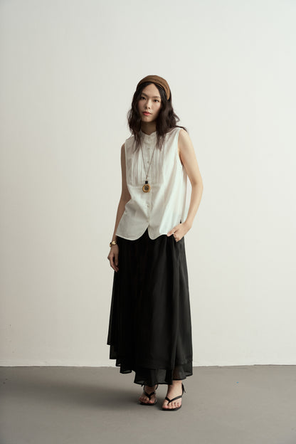 TRADITIONAL CHINESE WHITE ROUND NECK PLEATS SLEEVELESS TOP