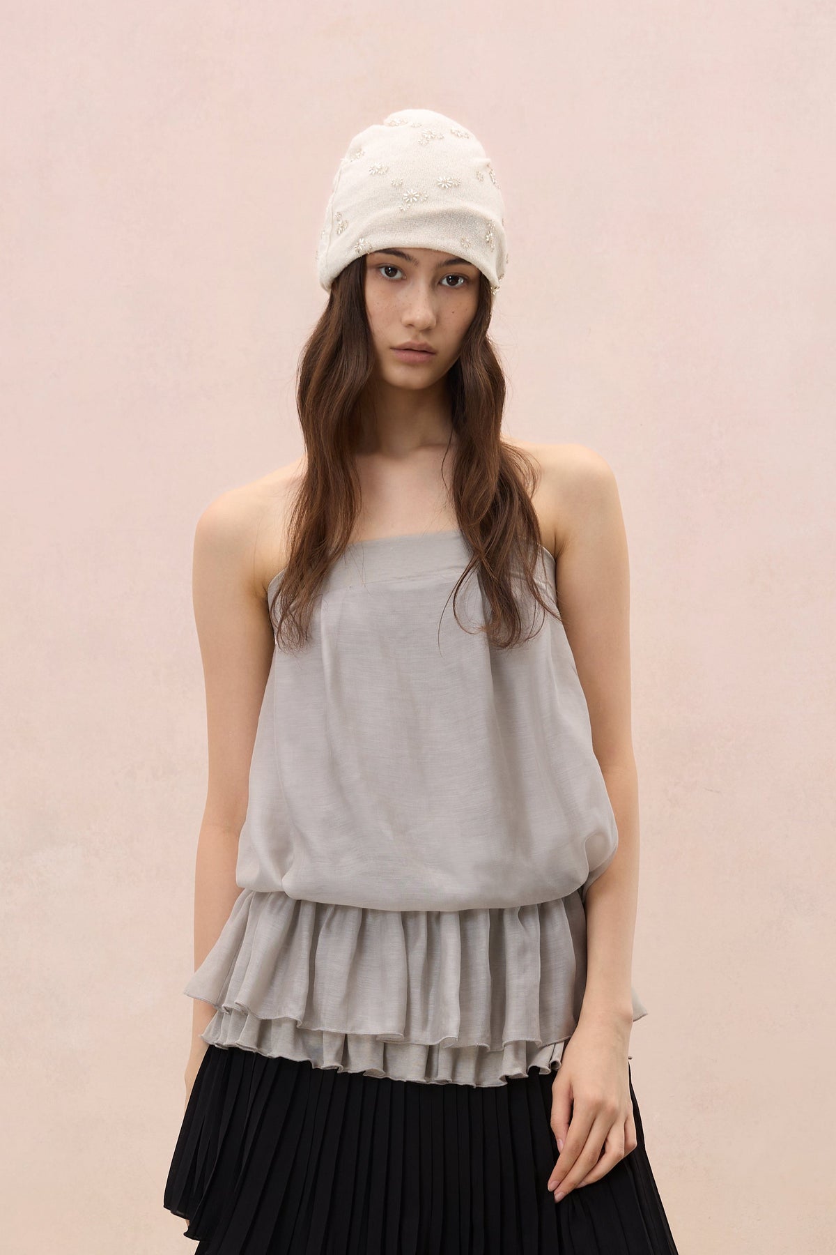 GREY LAYERED PLEATED TUBE TOP & FLUTTER SLEEVE SHRUG SET