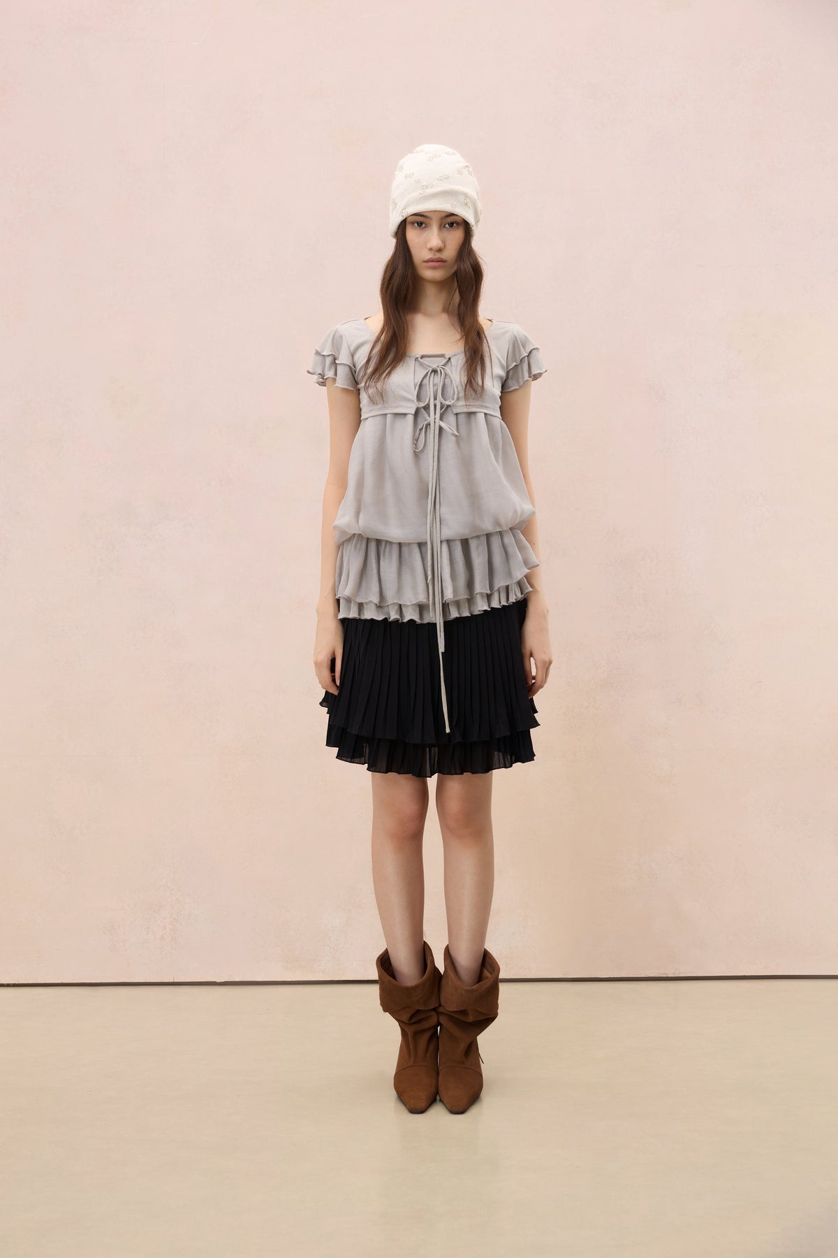 GREY LAYERED PLEATED TUBE TOP & FLUTTER SLEEVE SHRUG SET