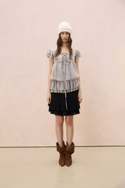 GREY LAYERED PLEATED TUBE TOP & FLUTTER SLEEVE SHRUG SET