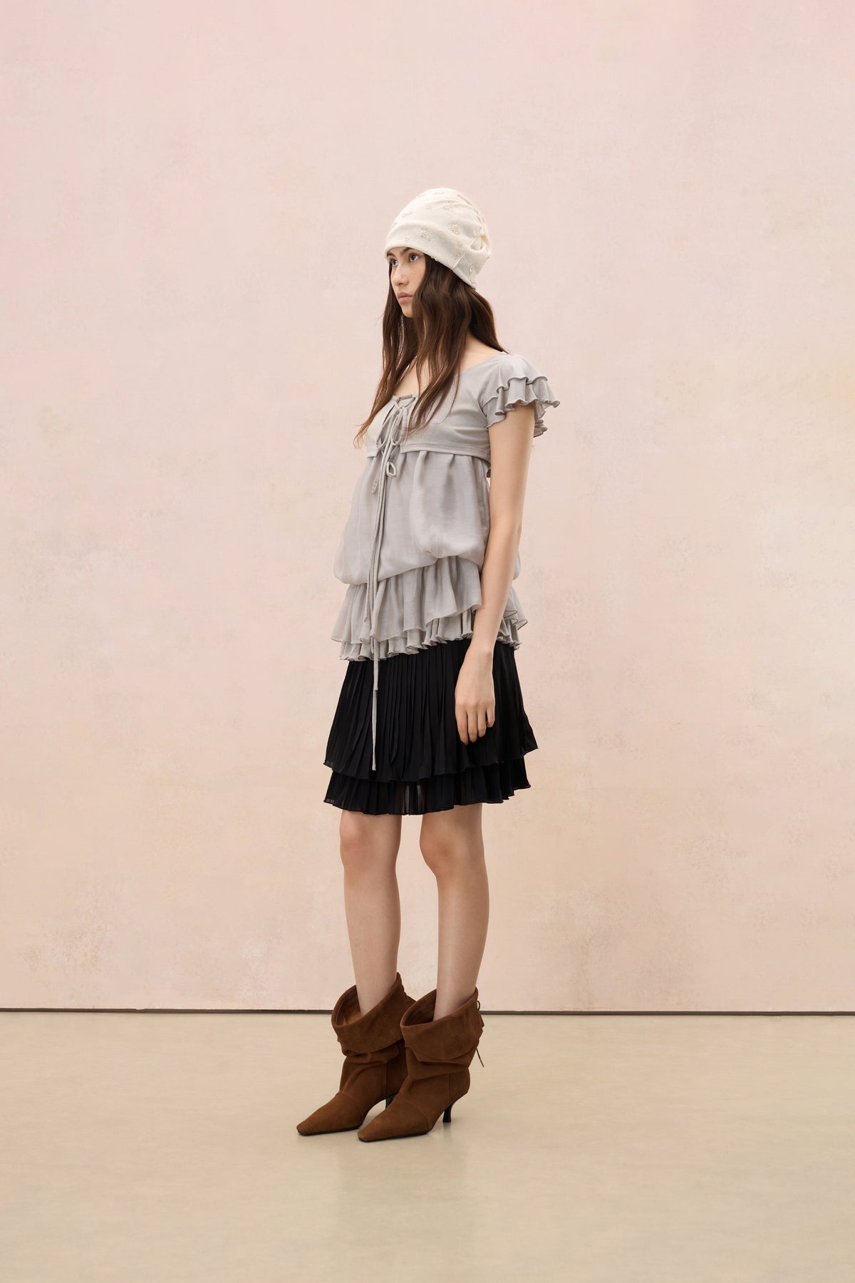 GREY LAYERED PLEATED TUBE TOP & FLUTTER SLEEVE SHRUG SET
