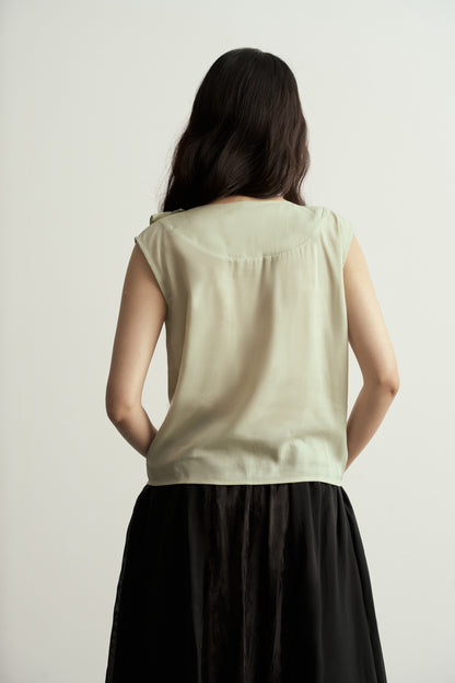 LIGHT GREEN LINEN SLEEVELESS TOP WITH DOUBLE RUFFLE NECKLINE