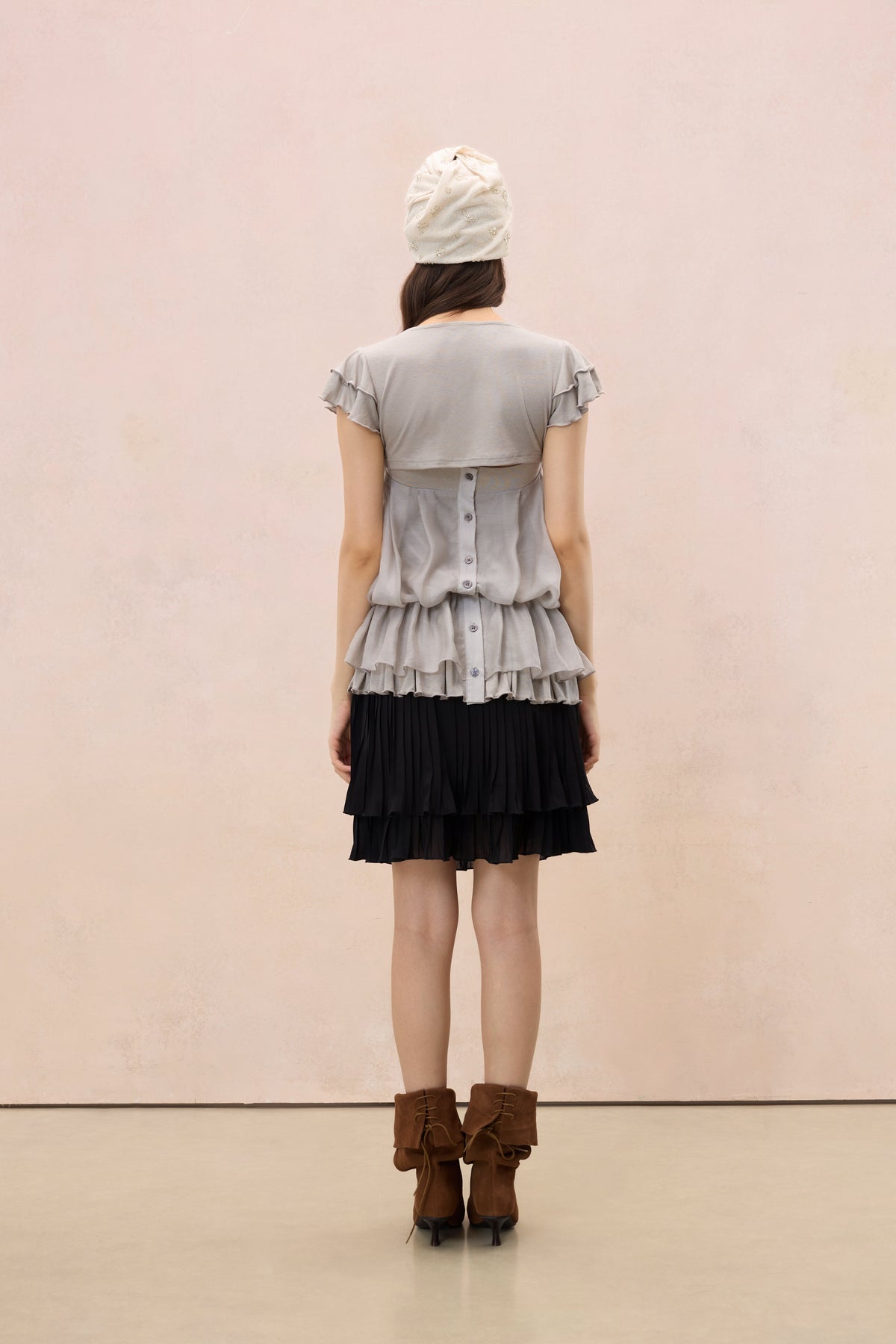 GREY LAYERED PLEATED TUBE TOP & FLUTTER SLEEVE SHRUG SET