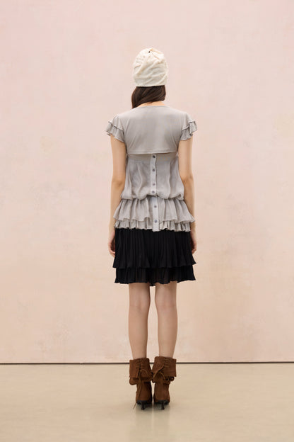 GREY LAYERED PLEATED TUBE TOP & FLUTTER SLEEVE SHRUG SET