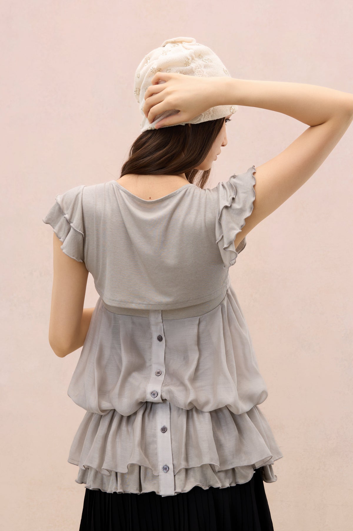 GREY LAYERED PLEATED TUBE TOP & FLUTTER SLEEVE SHRUG SET