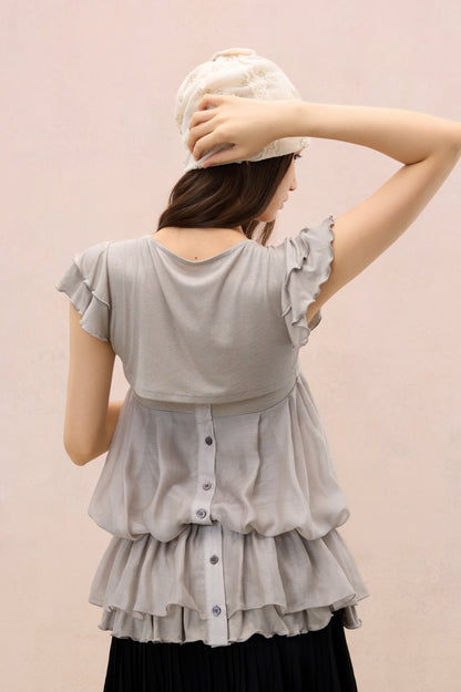 GREY LAYERED PLEATED TUBE TOP & FLUTTER SLEEVE SHRUG SET