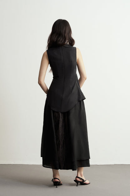 BLACK JACQUARD FLARED SKIRT WITH SHEER PANELS