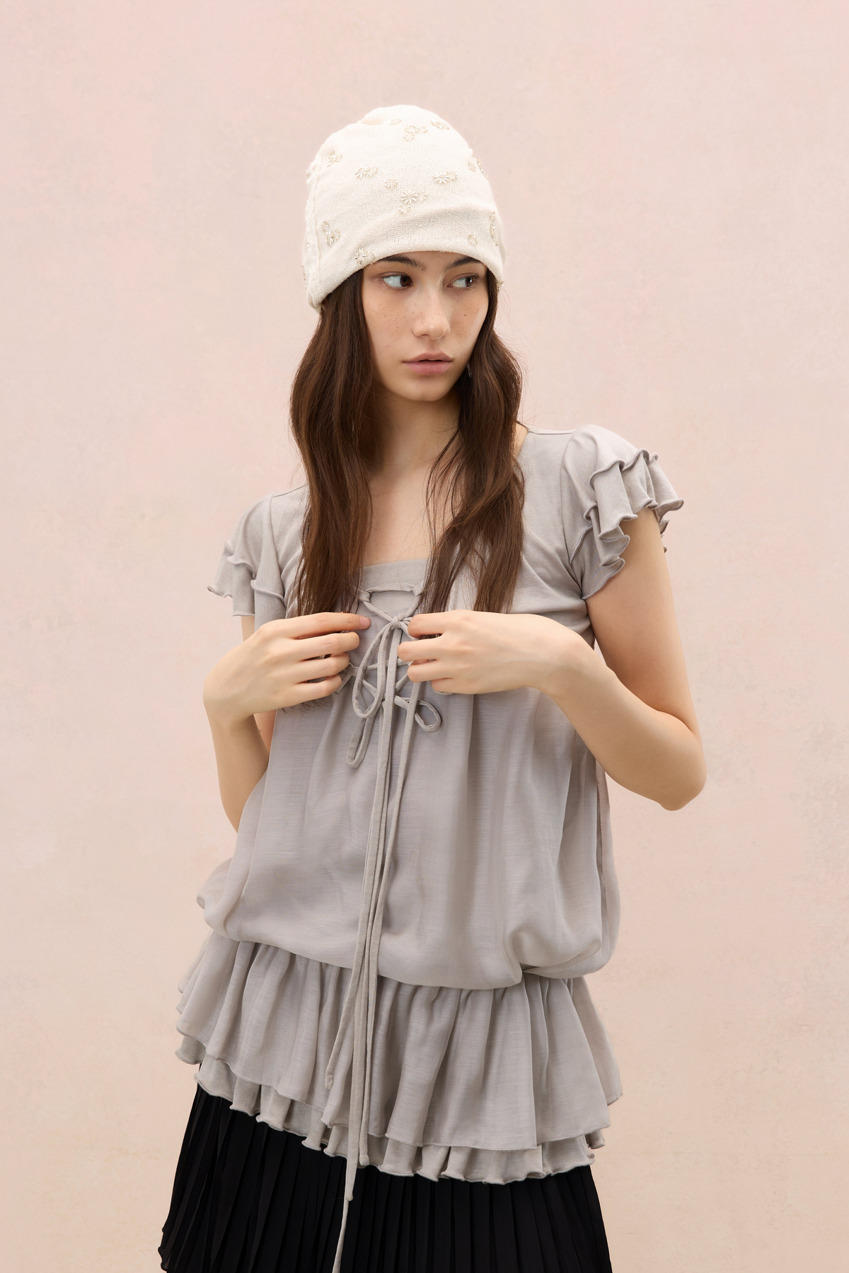 GREY LAYERED PLEATED TUBE TOP & FLUTTER SLEEVE SHRUG SET
