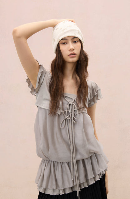 GREY LAYERED PLEATED TUBE TOP & FLUTTER SLEEVE SHRUG SET