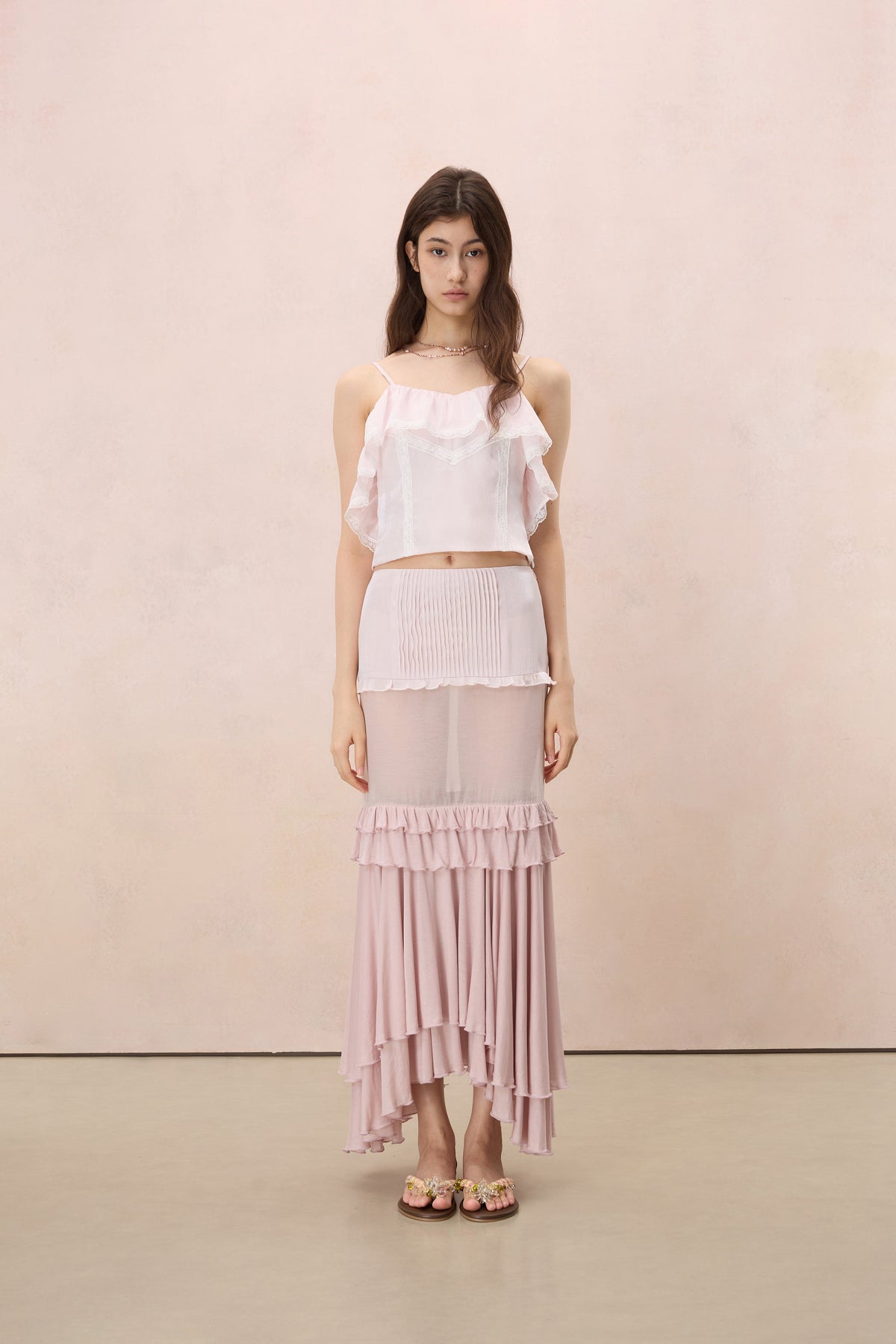 AMOUR PLEATED TIERED MAXI SKIRT IN SHELL PINK