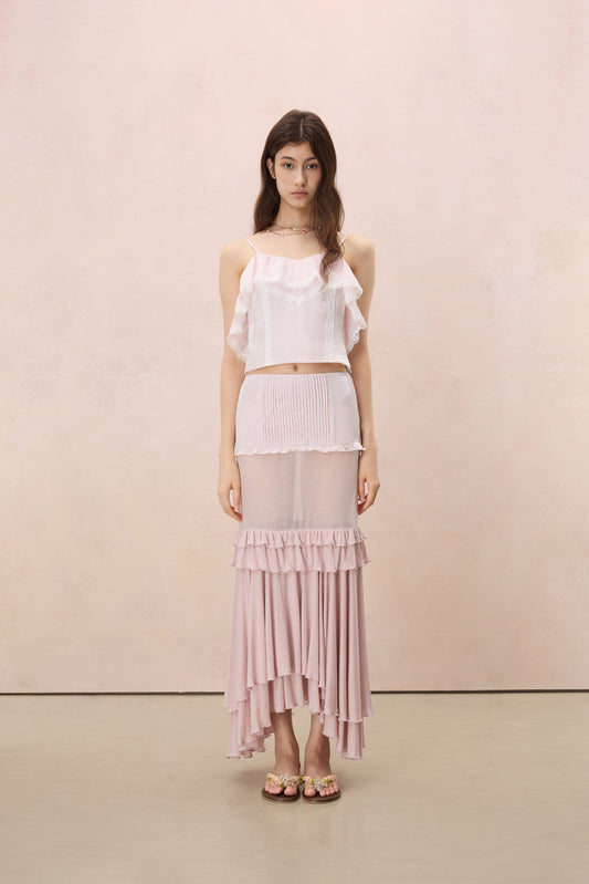 AMOUR PLEATED TIERED MAXI SKIRT IN SHELL PINK