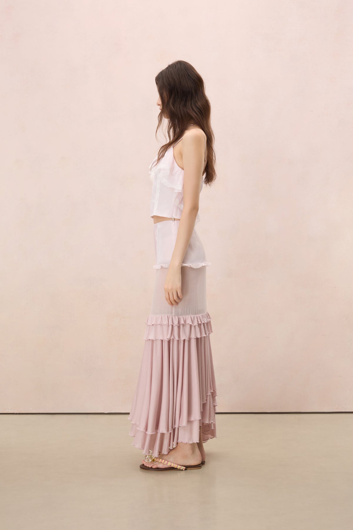 AMOUR PLEATED TIERED MAXI SKIRT IN SHELL PINK