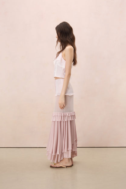 AMOUR PLEATED TIERED MAXI SKIRT IN SHELL PINK