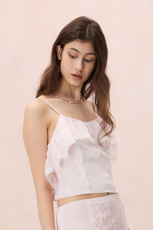 AMOUR LACE-TRIMMED CAMI TOP IN SHELL PINK