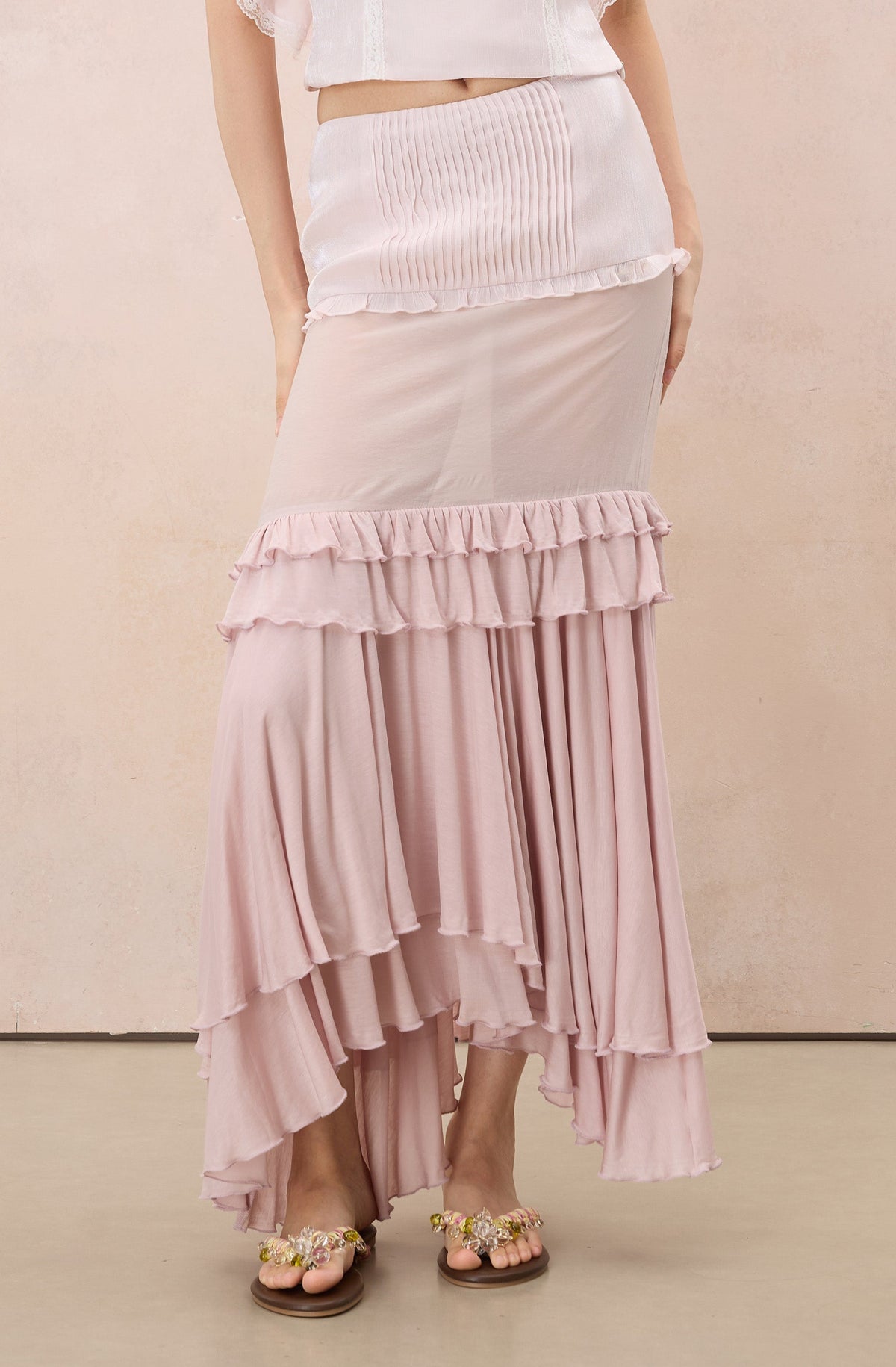 AMOUR PLEATED TIERED MAXI SKIRT IN SHELL PINK