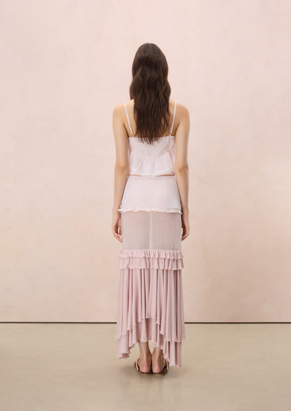 AMOUR PLEATED TIERED MAXI SKIRT IN SHELL PINK
