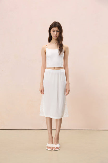 IVORY WHITE LACE-INSET MIDI SKIRT