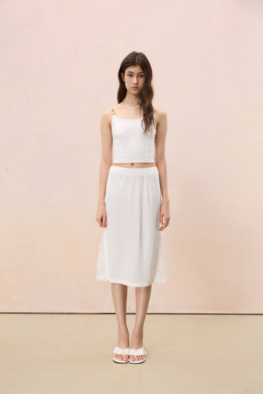 IVORY WHITE LACE-INSET MIDI SKIRT
