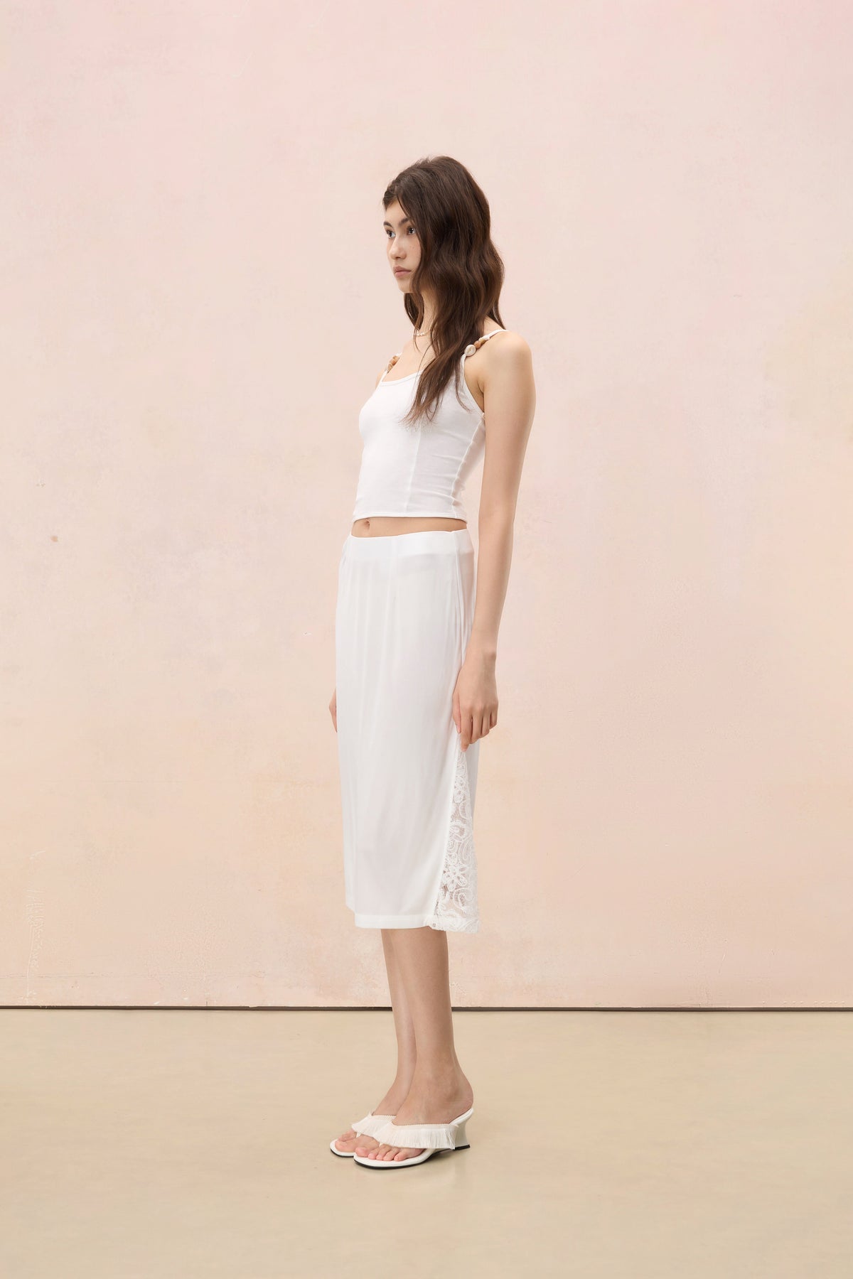 IVORY WHITE LACE-INSET MIDI SKIRT