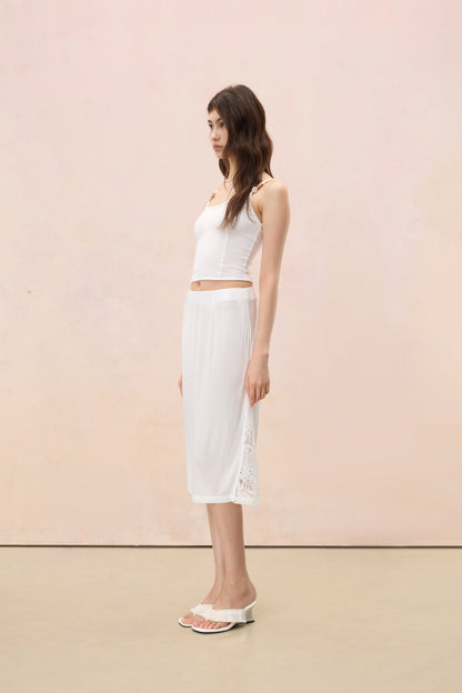 IVORY WHITE LACE-INSET MIDI SKIRT