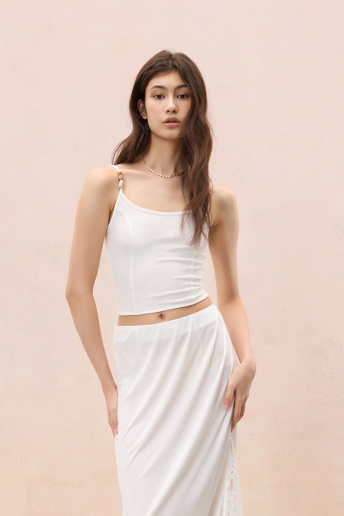 IVORY WHITE BEADED STRAP KNIT CAMI