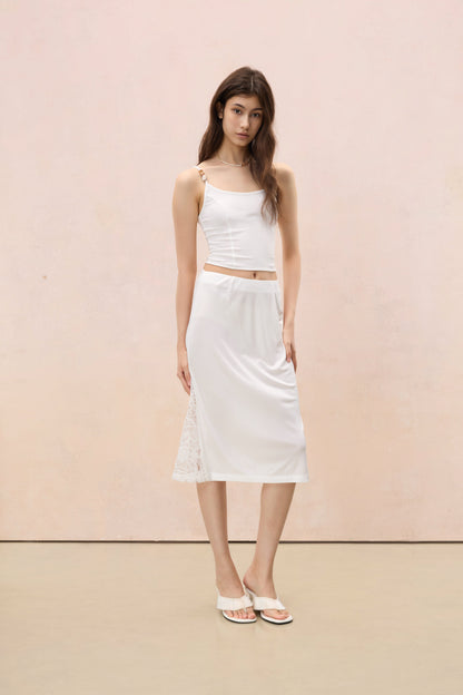 IVORY WHITE LACE-INSET MIDI SKIRT