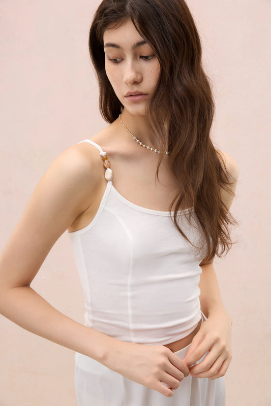 IVORY WHITE BEADED STRAP KNIT CAMI
