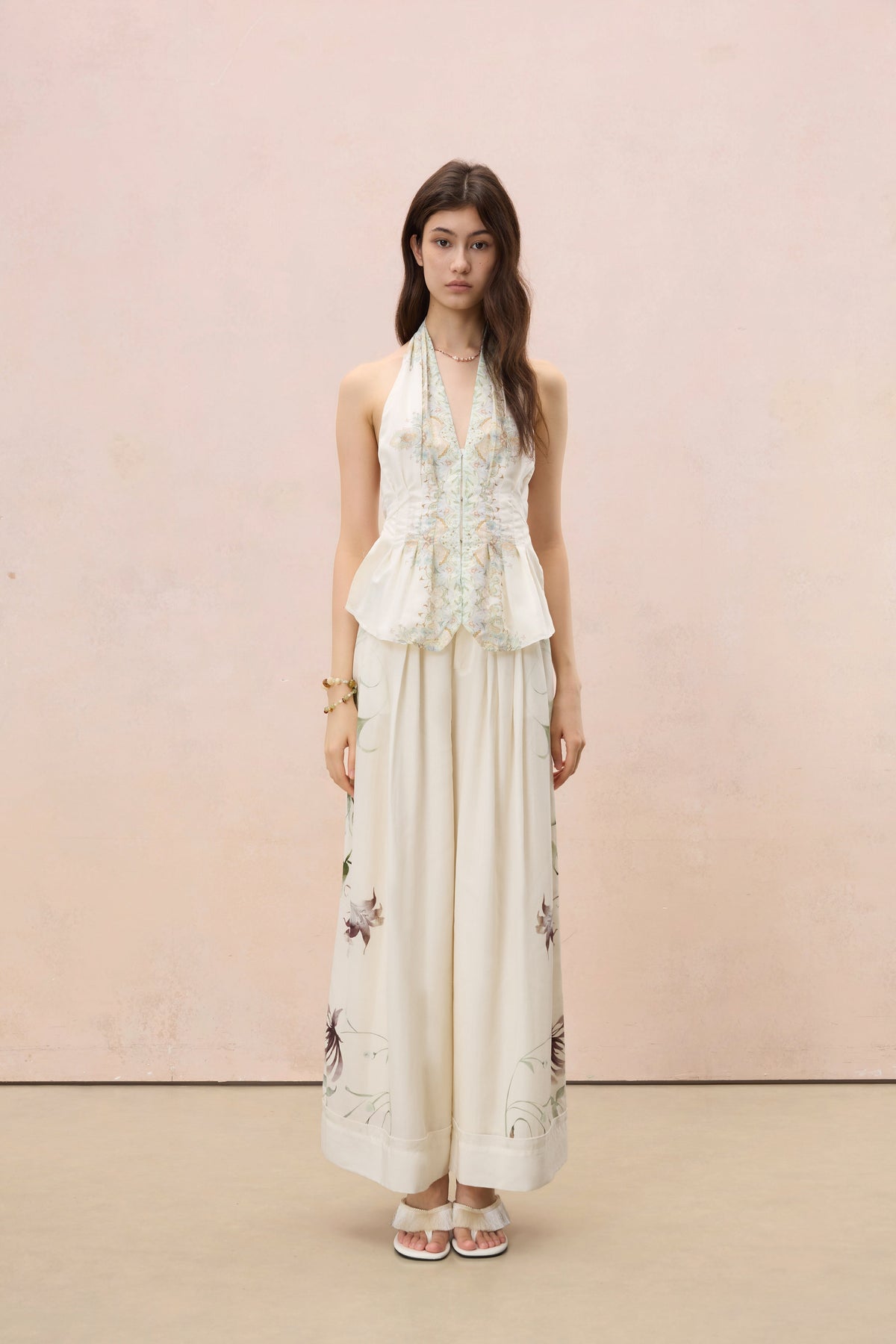 MIDSUMMER FLORAL LINEN-BLEND WIDE-LEG TROUSERS
