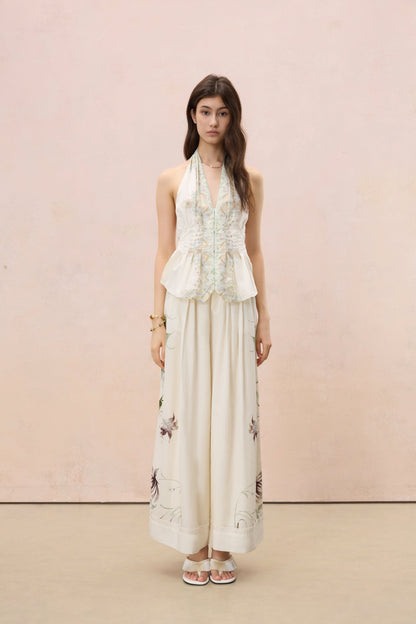 MIDSUMMER FLORAL LINEN-BLEND WIDE-LEG TROUSERS