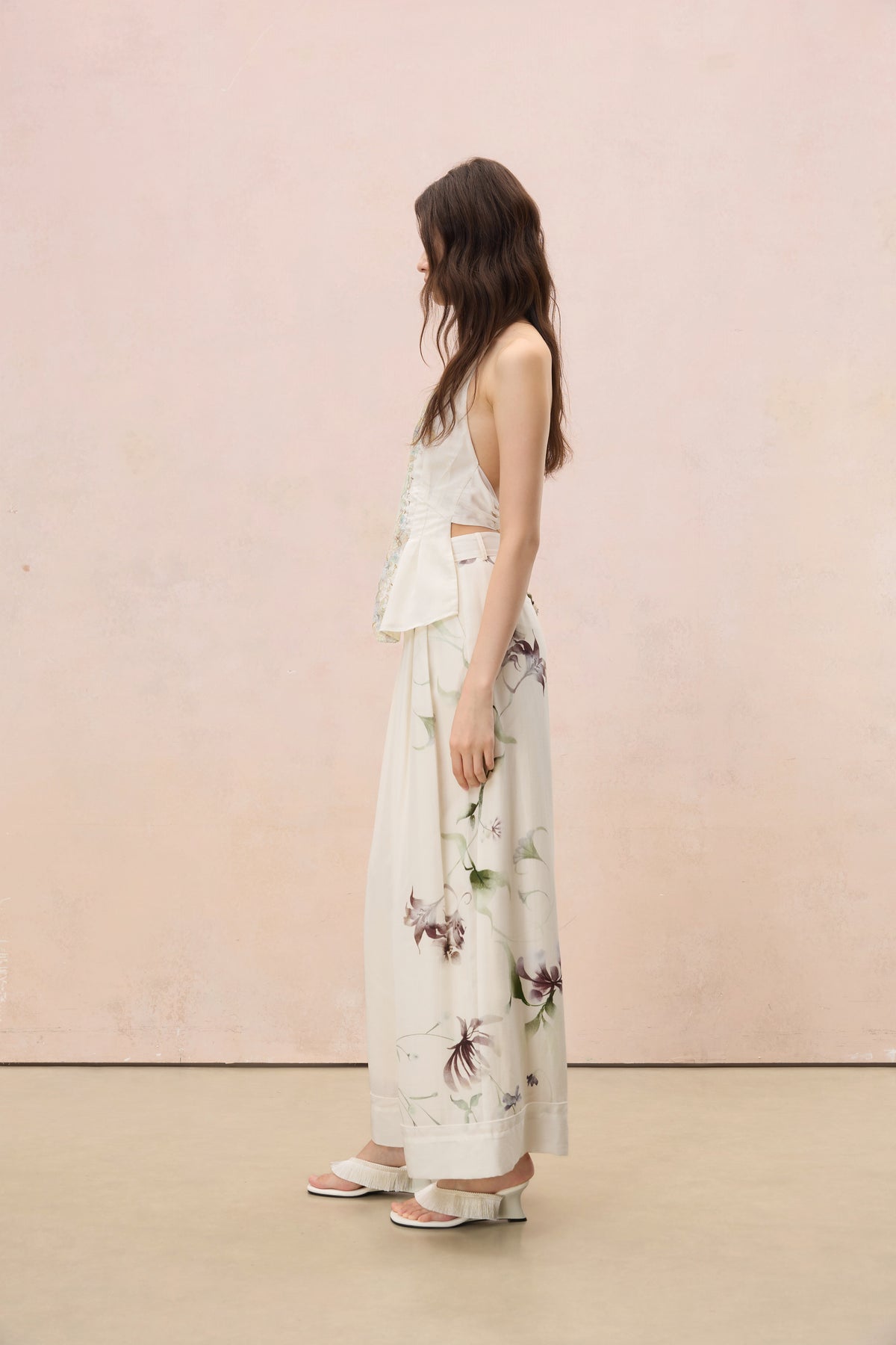 MIDSUMMER FLORAL LINEN-BLEND WIDE-LEG TROUSERS