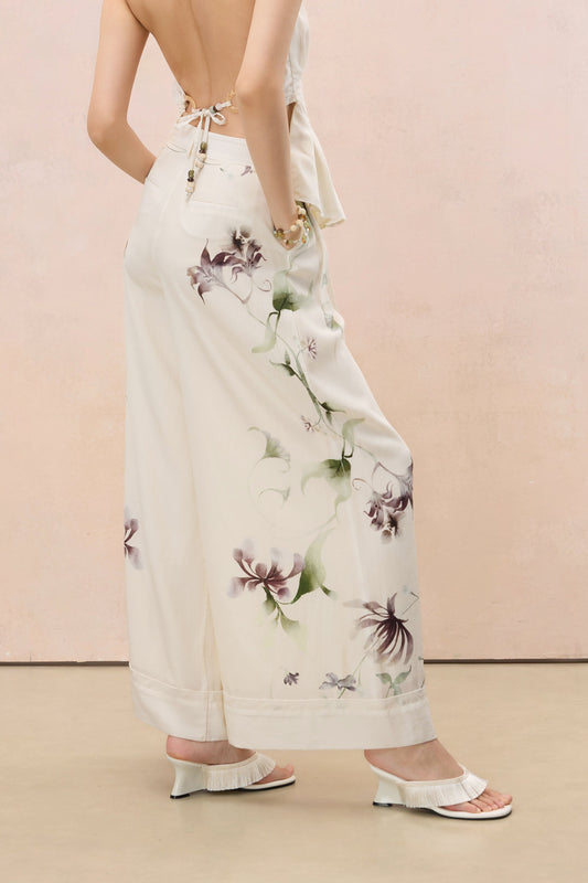 MIDSUMMER FLORAL LINEN-BLEND WIDE-LEG TROUSERS