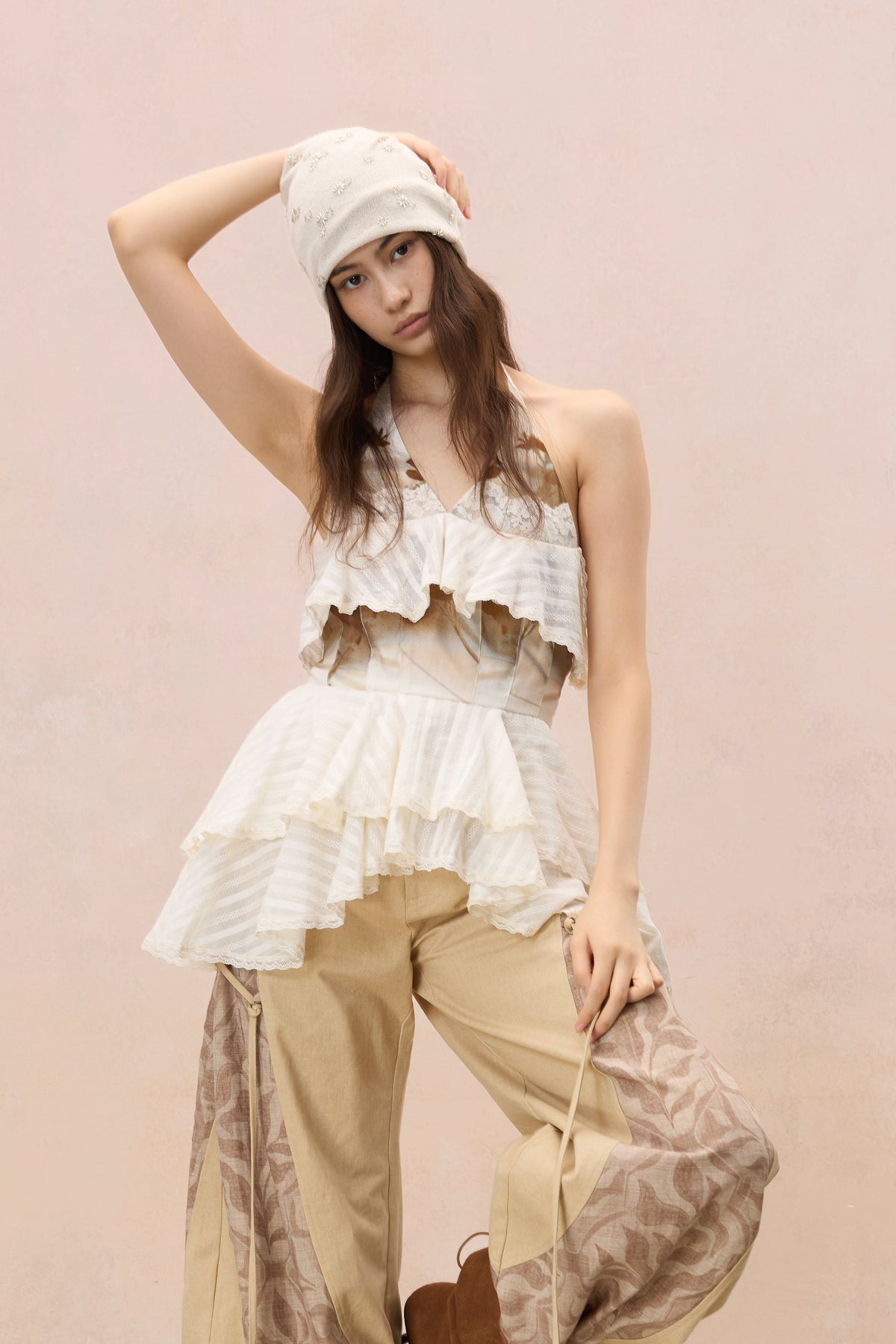 TERRA LACE-TRIMMED TIERED HALTER TOP
