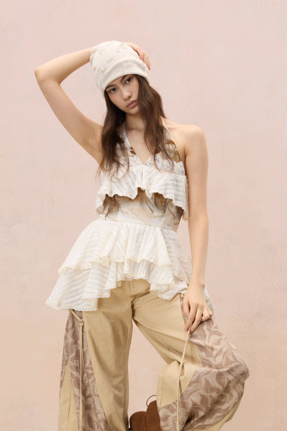 TERRA LACE-TRIMMED TIERED HALTER TOP