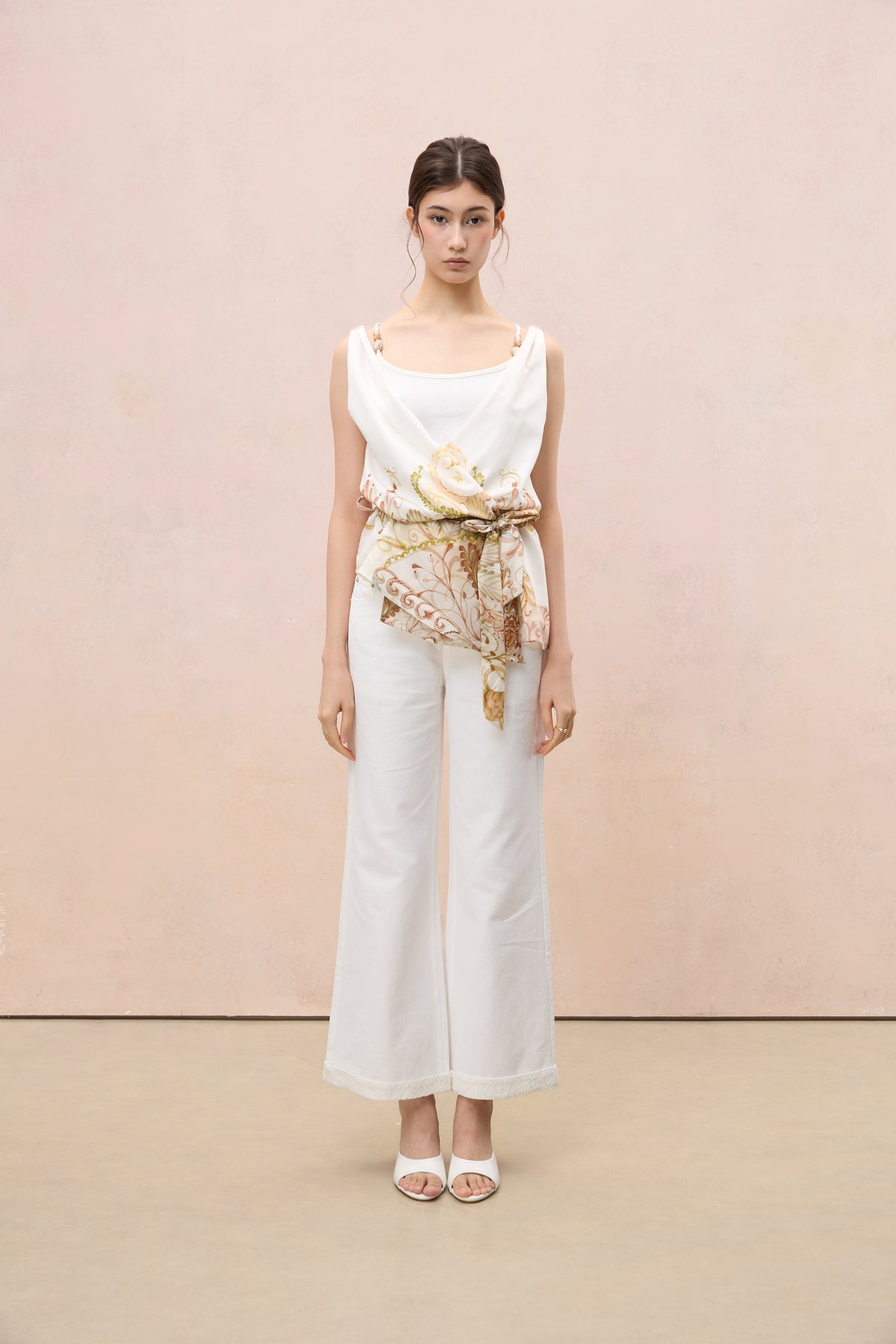 BOTANICAL SKETCH SILK-BLEND ASYMMETRIC VEST TOP