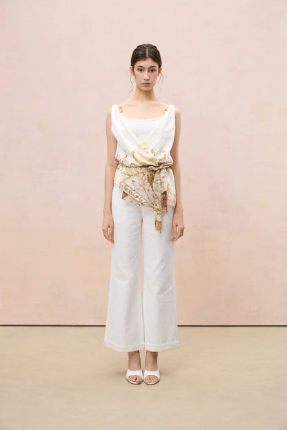 BOTANICAL SKETCH SILK-BLEND ASYMMETRIC VEST TOP