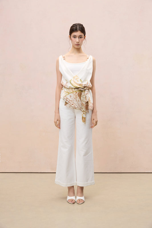 BOTANICAL SKETCH SILK-BLEND ASYMMETRIC VEST TOP