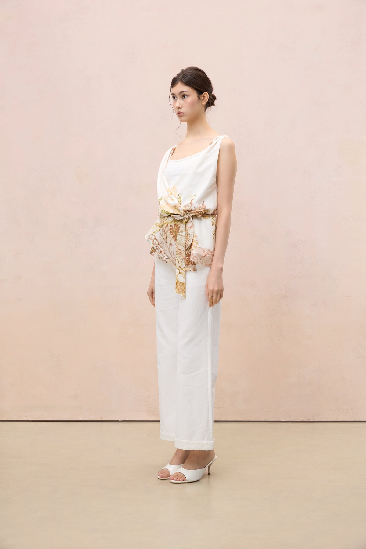 BOTANICAL SKETCH SILK-BLEND ASYMMETRIC VEST TOP